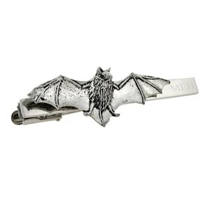 English Made Bat Pewter Design Tie Clip with engraved initials in a gift box