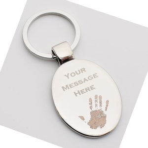Personalised Stunning Own Handprint & Message Engraved Oval Silver Key Ring