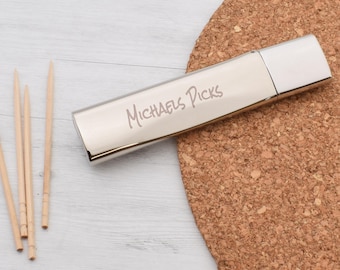 Sleek Design Silver Metal Toothpick Holder. Can Be Engraved with Initials or Short message