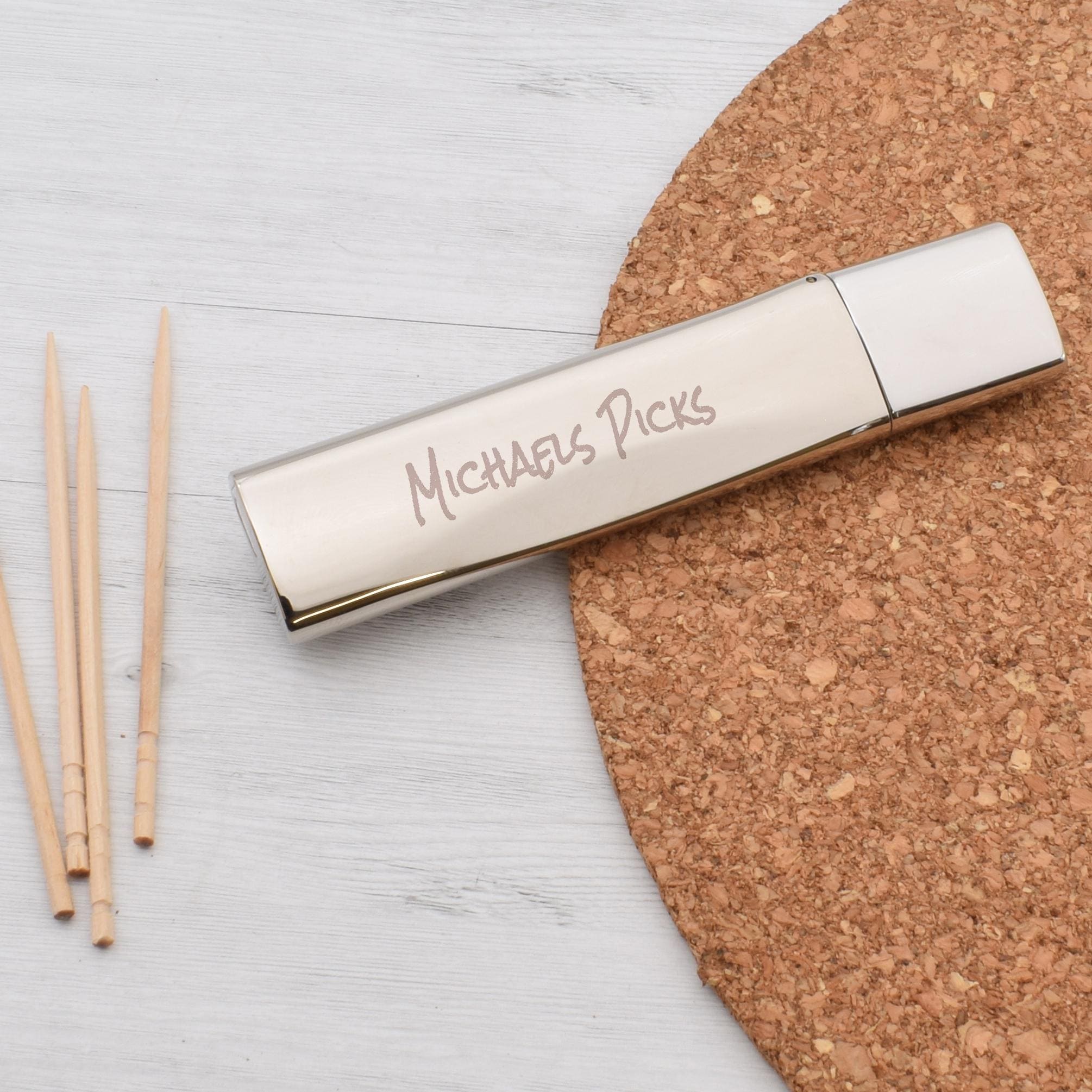 Sleek Design Silver Metal Toothpick Holder. Can Be Engraved with Initials or Short message