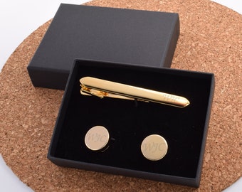 Personalised engraved Gold Tie clip and Button Covers with optional Engraved Personalised Gift Box