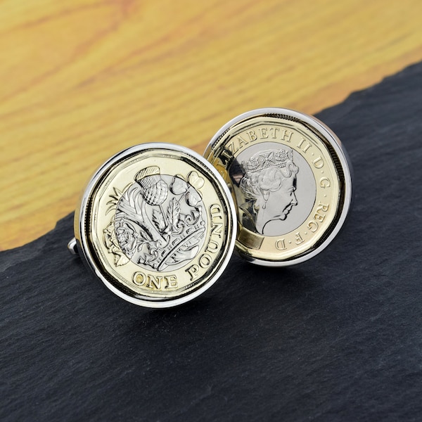 Polished One Pound Coin Cufflinks in personalised cufflink box