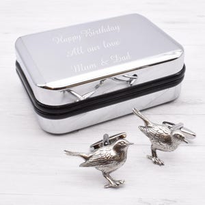 Garden Robin Pewter Cufflinks in Personalised Chrome Effect Cufflink Box