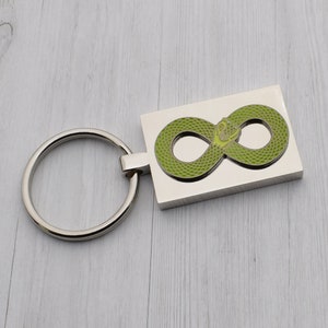 May include: A silver key chain with a green snake design in the shape of an infinity symbol.