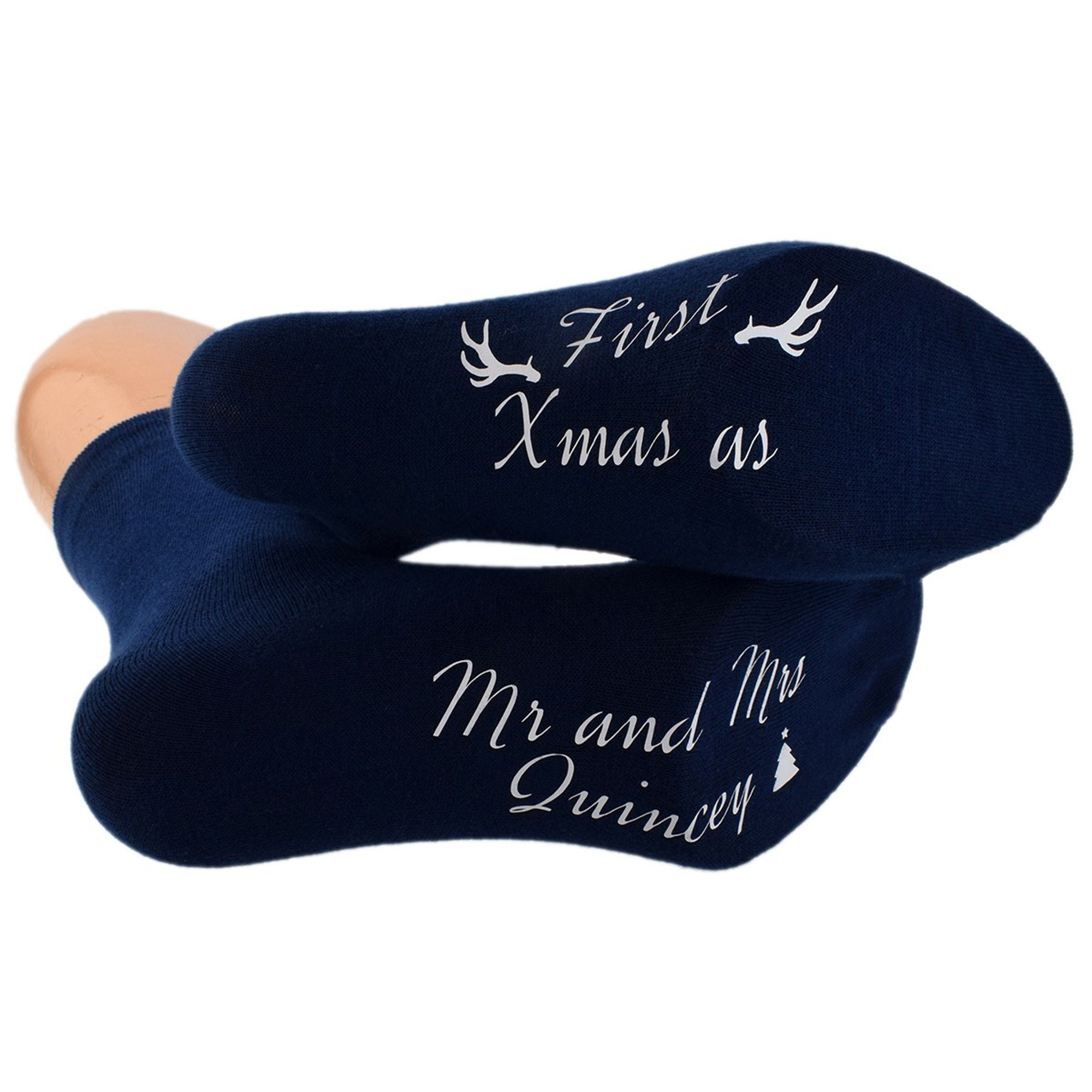 Image of Navy Blue Personalised First Xmas As Mr & Mrs Ladies Or Mens Unisex Socks