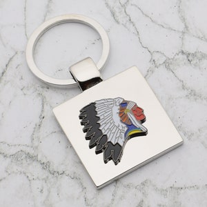 Beautiful American Red Indian Chief Design with special Personalised Engraved message Keyring Presented in Velvet Pouch
