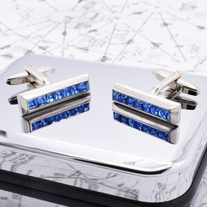 Blue Crystals Bar Cufflinks in personalised cufflink box