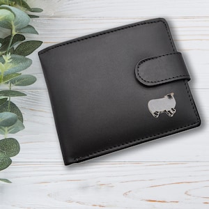 Cartera de cuero genuino negra con diseño de oveja de granja personalizada con caja de regalo grabada opcional