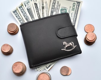 Rocking Horse Pewter Design Black Genuine Leather Wallet With