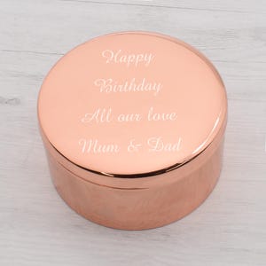 Rose Gold round Shaped Trinket Box with Engraved Message on the Front