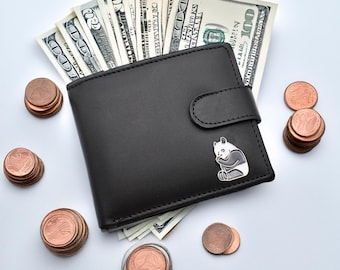 Cartera de piel auténtica negra con diseño de panda personalizado y caja de regalo grabada opcional.