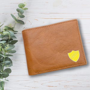 Personalisierte Gelb Prefect Shield Design Tan Echtleder Brieftasche mit optionaler gravierter Geschenkbox