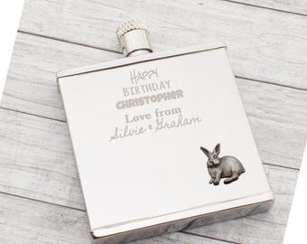 English Made Pewter Rabbit Design | Personalised with Lasered Message | Thin Square 2oz Hip Flask | Presented in a Gift Box