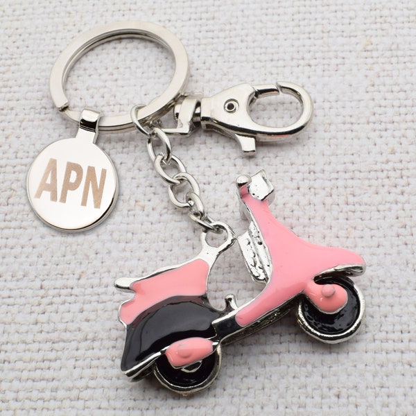 Personalised Initials Pink moped Scooter Keyring Presented in Optional Gift Box