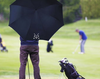 Personalised with Initials Crossed Club Design Navy Blue Golf Umbrella