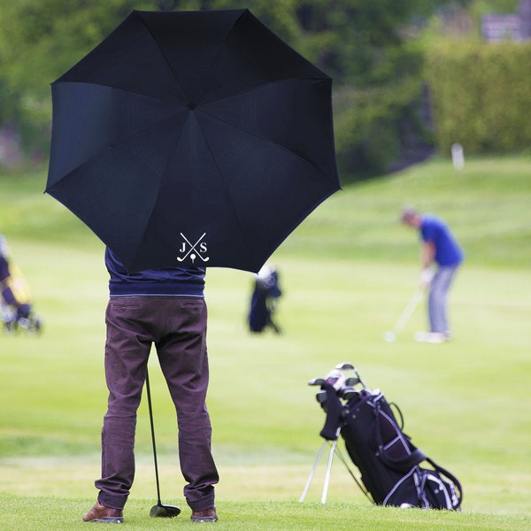 Personalised with Initials Crossed Club Design Navy Blue Golf Umbrella