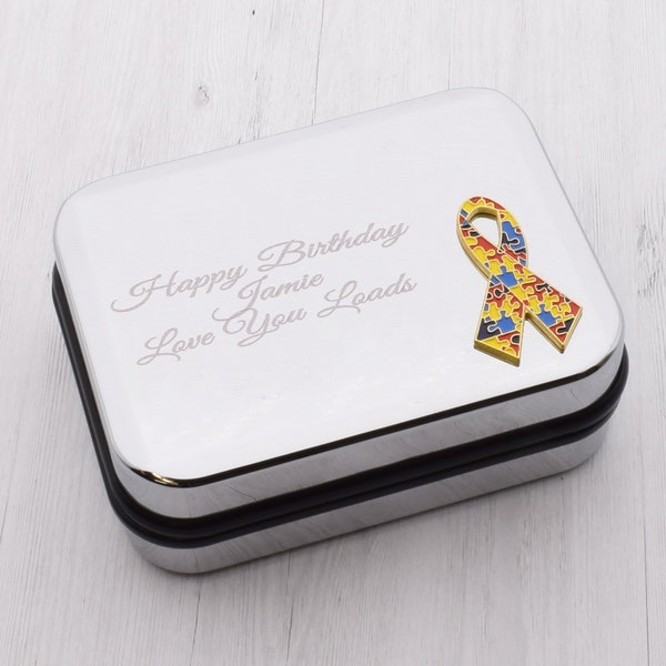 Jigsaw Ribbon Design Personalised Engraved Chromed Cufflink Case Box