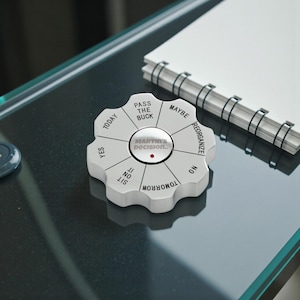 Könnte beinhalten: Ein weißes Entscheidungswerkzeug mit dem Text "Martin's Decision" in der Mitte, umgeben von Entscheidungsoptionen wie "Ja", "Vielleicht" und "Morgen". Ein roter Punkt zeigt die aktuelle Auswahl an. Ein Spiralnotizblock befindet sich im Hintergrund.