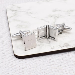 Opening Holy Bible Cufflinks in a Personalised Cufflink Box
