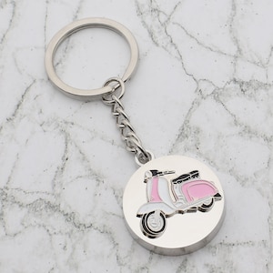 Beautiful Retro Scooter in Pale Pink & White Design with special Personalised Engraved message Keyring