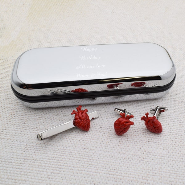 Anatomical Red Heart Tie Clip and Cufflinks Set in Engraved personalised box