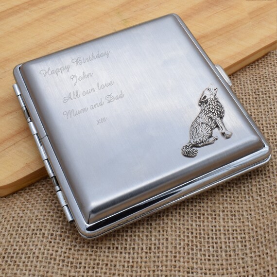 Howling Wolf Design Personalised Engraved Stainless Steel King Size  Cigarette Case