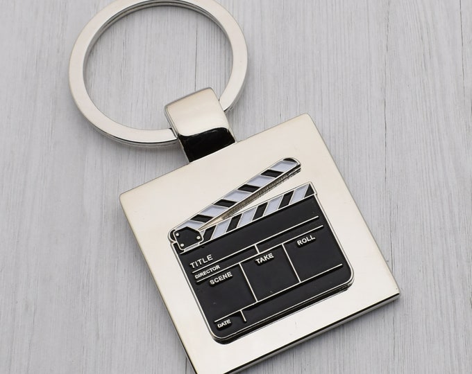 Stylish Hollywood Film Clapperboard Design with special Personalised Engraved message Keyring Presented in Velvet Pouch