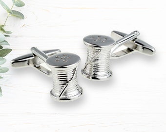 Cotton Reel Metal Cufflinks Ideal 2nd Anniversary Gift "COTTON", in personalised cufflink box