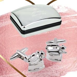 Celebrate 6th Anniversary | Fun Iron Design Cufflinks | Personalised Engraved Chrome Cufflink Box