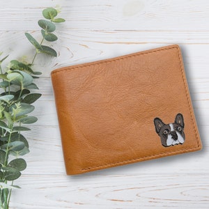 Portefeuille personnalisé en cuir véritable beige pour chien bouledogue français avec boîte-cadeau gravée en option