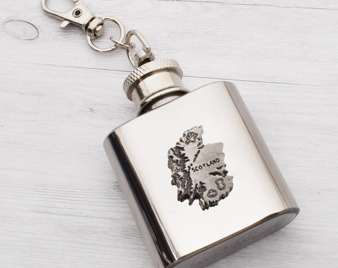 Pewter Map of Scotland Design | Personalised Short Message on Back | 1oz Hip Flask | Presented in a Gift Box