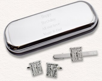 Beautifully Made Stonehenge Design Engraved with Initials Tie Clip and Cufflinks Set in Personalised Box