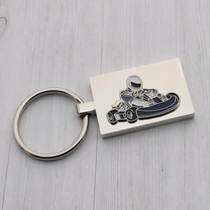 Stylish Go Karting Racing Design with special Personalised Engraved message Keyring Presented in Velvet Pouch