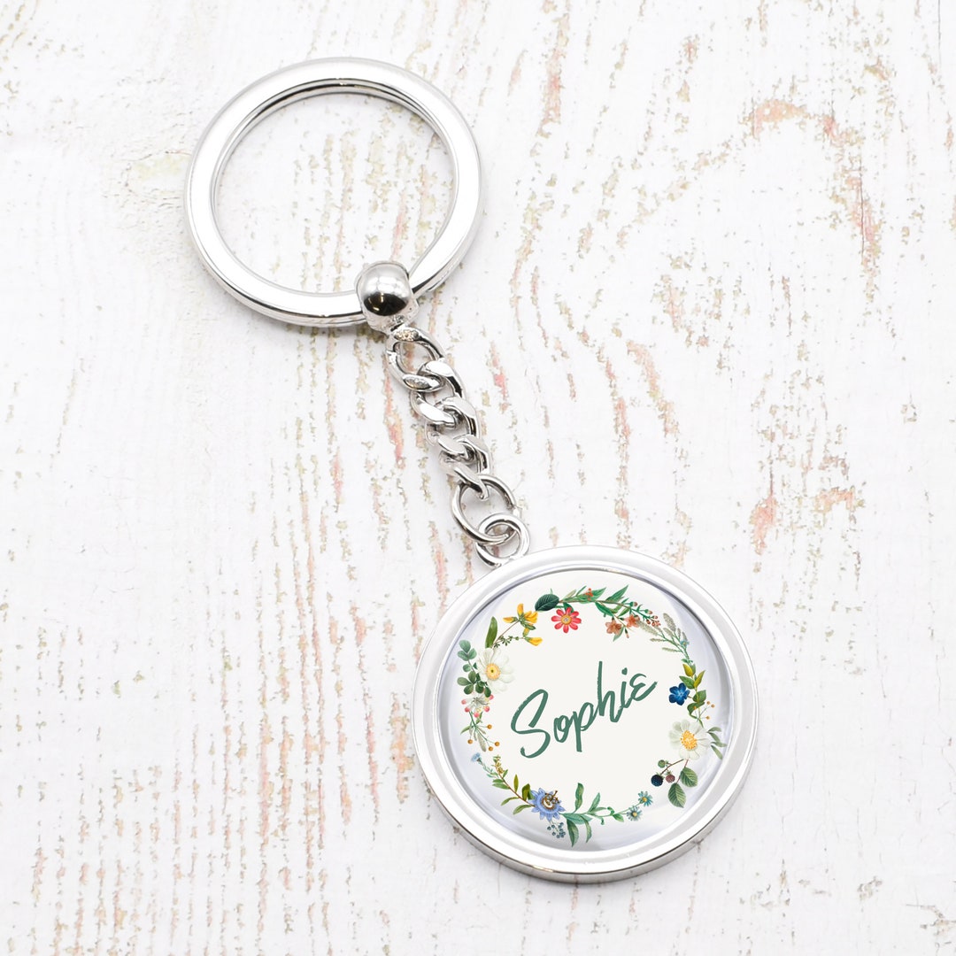 Beautiful Flower Wreath With Name Design Round Keyring With ...