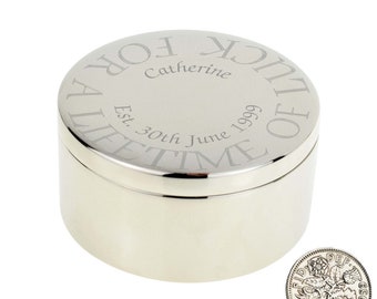 Personalised For a Lifetime of Luck Engraved Design with Polished Lucky Sixpence Wedding Trinket Box (Name and Date)