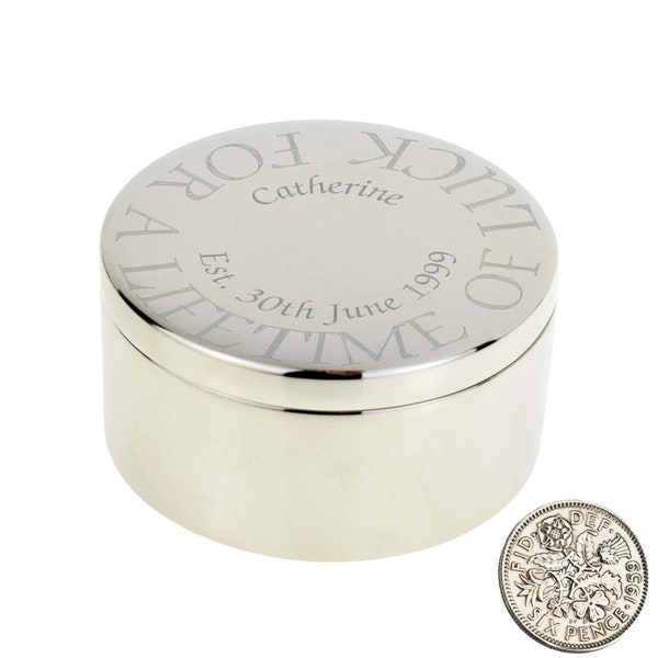 Personalised For a Lifetime of Luck Engraved Design with Polished Lucky Sixpence Wedding Trinket Box (Name and Date)