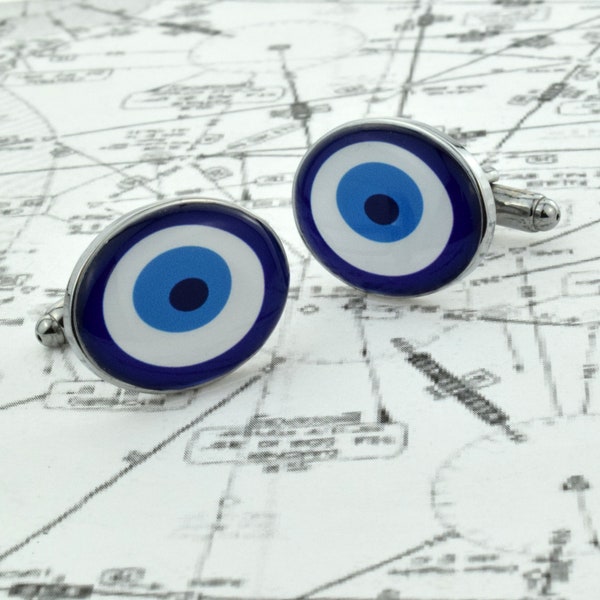 Evil Eye Design Oval Cufflinks in personalised cufflink box