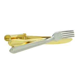 Two Tone Rhodium & Gold Plated Knife Fork Tie Clip in personalised box