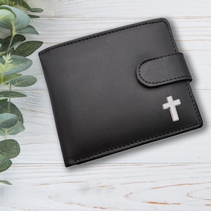 Cartera de piel auténtica negra con diseño de cruz pequeña personalizada y caja de regalo grabada opcional