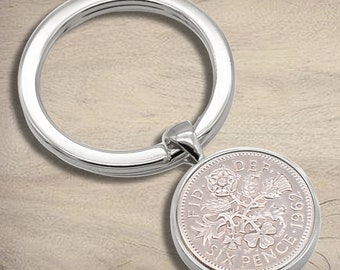 Hand Set Lucky Sixpence Keyring With Choice of Year and Personalised Engraved Message