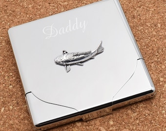 Koi Carp Fishing Design Personalised Engraved High Polish Chrome Finish Cigarette Case Holds Up To 10 Kingsize Hinged Flip Front