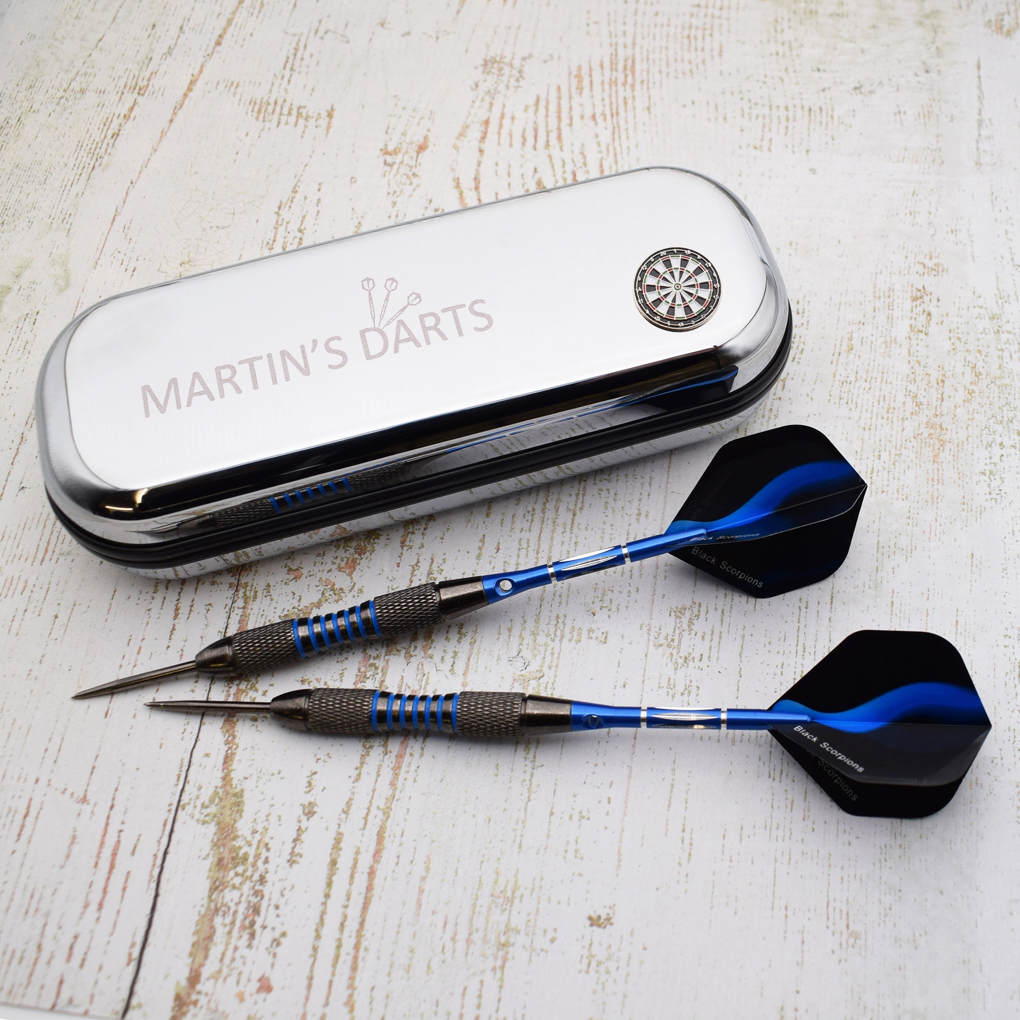 Stylish Dartboard Design Personalised With Name Chromed Case (DARTS NOT INCLUDED)