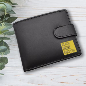 Cartera de cuero genuino negra con diseño Black Lives Matter personalizado con caja de regalo grabada opcional