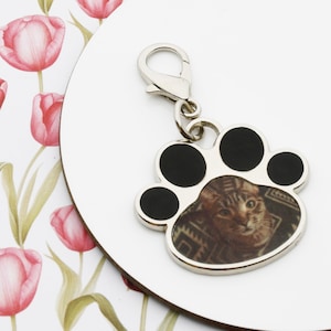 May include: A silver pet tag shaped like a paw print, with a photo of a cat and black details. It is attached to a silver clasp. The background features a floral pattern with pink tulips.