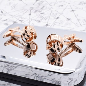 Rose Gold Finish Knot Style Cufflinks in personalised cufflink box