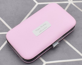 Set manicure da viaggio in acciaio inossidabile rosa personalizzato inciso