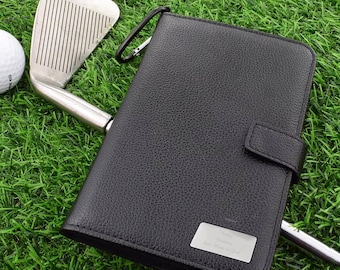 Engraved Personalised Black Leatherette Golf Organiser with Divot Repairer with Marker and Extra Marker, Tees, Scorecard and Pencils