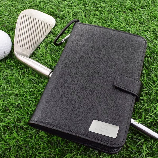 Personalisierter Golf-Organizer aus schwarzem Kunstleder mit Divot-Reparatur mit Marker und zusätzlichem Marker, Tees, Scorecard und Bleistiften