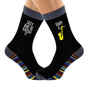 Fun Personalised Saxy and He Knows It Men's size 5-12 socks