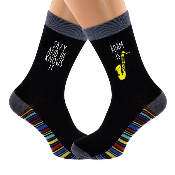 Fun Personalised Saxy and He Knows It Men's size 5-12 socks